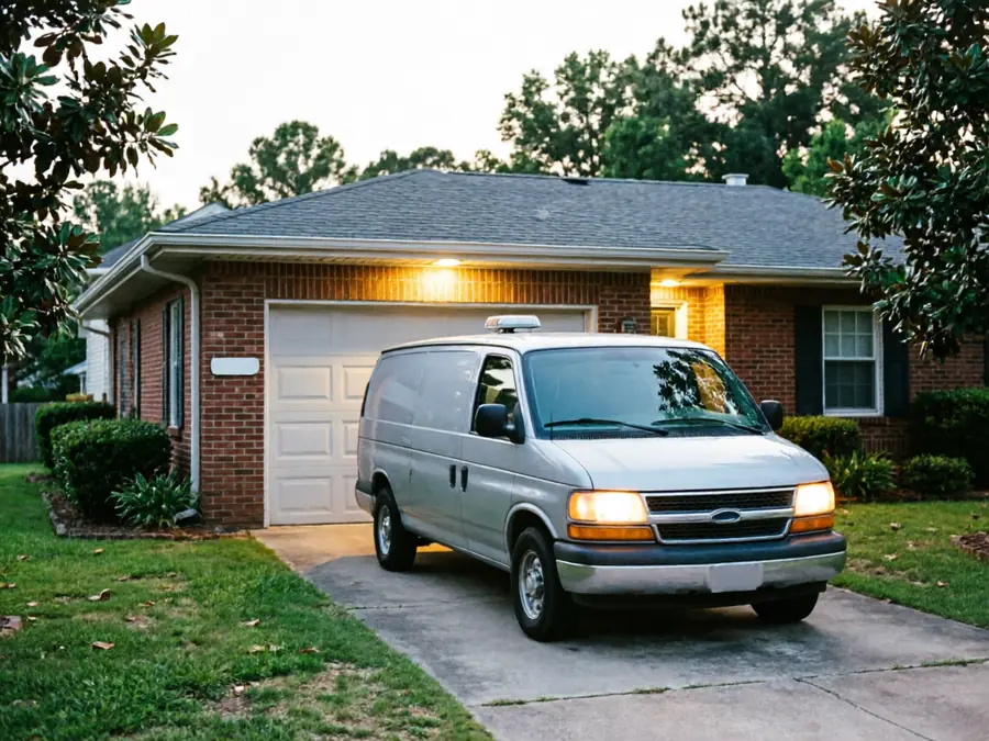 A silver van is parked in a driveway in front of a brick house.