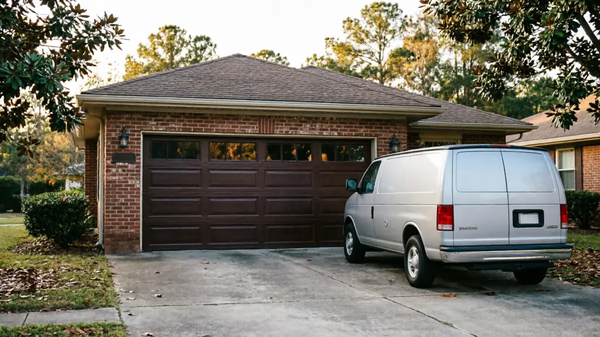 Installer on a ladder fitting a full-view frosted glass garage door on a modern home