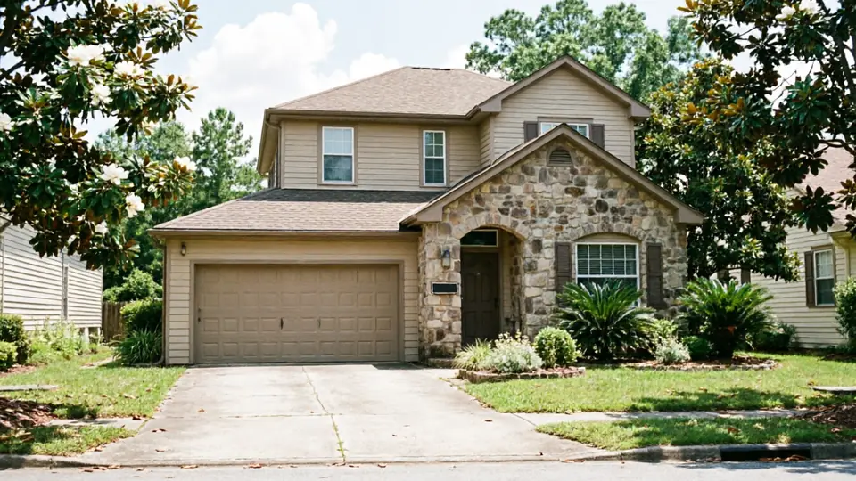 Two-story beige home with a stone-arched entry and a tan double garage door under magnolia trees