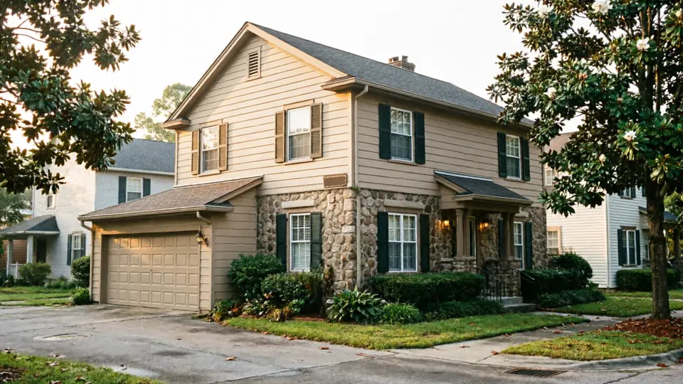 Beige two-story home with a stone lower front, dark shutters and a single tan garage door
