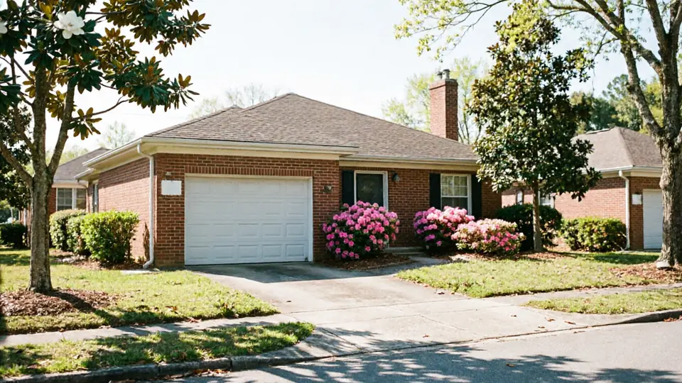 A brick house has a white garage door, a front door, and pink flowering bushes.