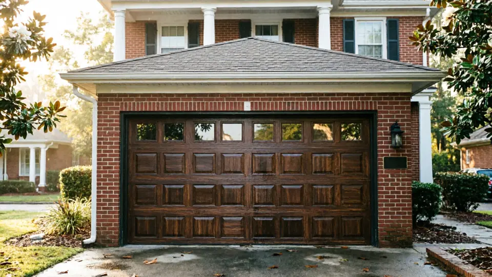 Dark wood raised-panel garage door with a row of small windows on a brick two-story home