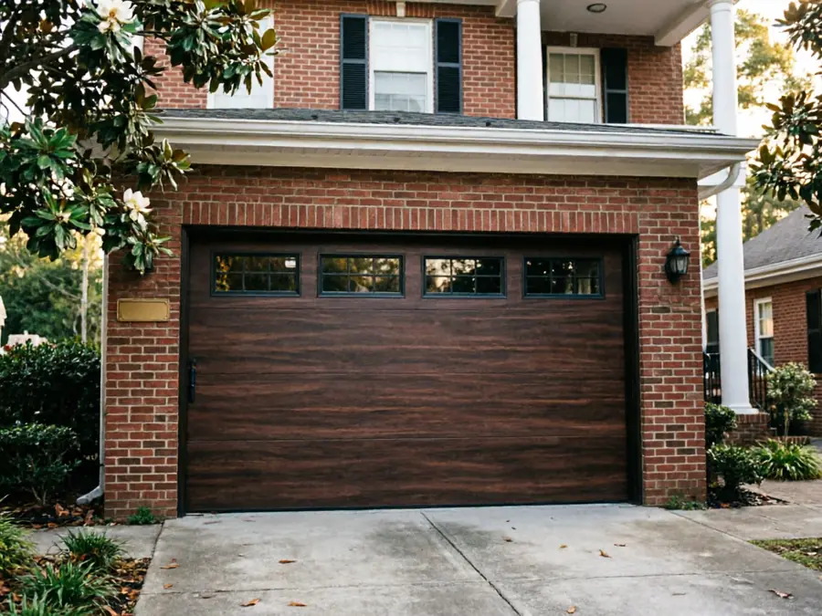 Flush wood-grain garage door with four windows in a brick garage under magnolia branches
