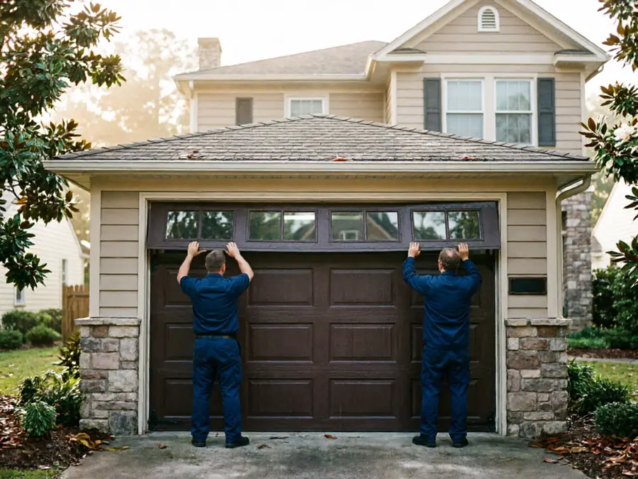 Two technicians install a brown garage door with windows on a house.