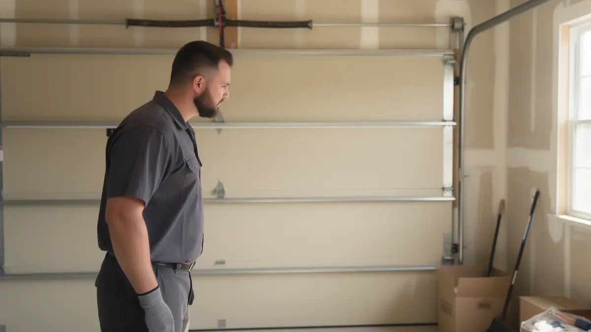 A technician in a gray uniform stands in a garage looking at a closed garage door.