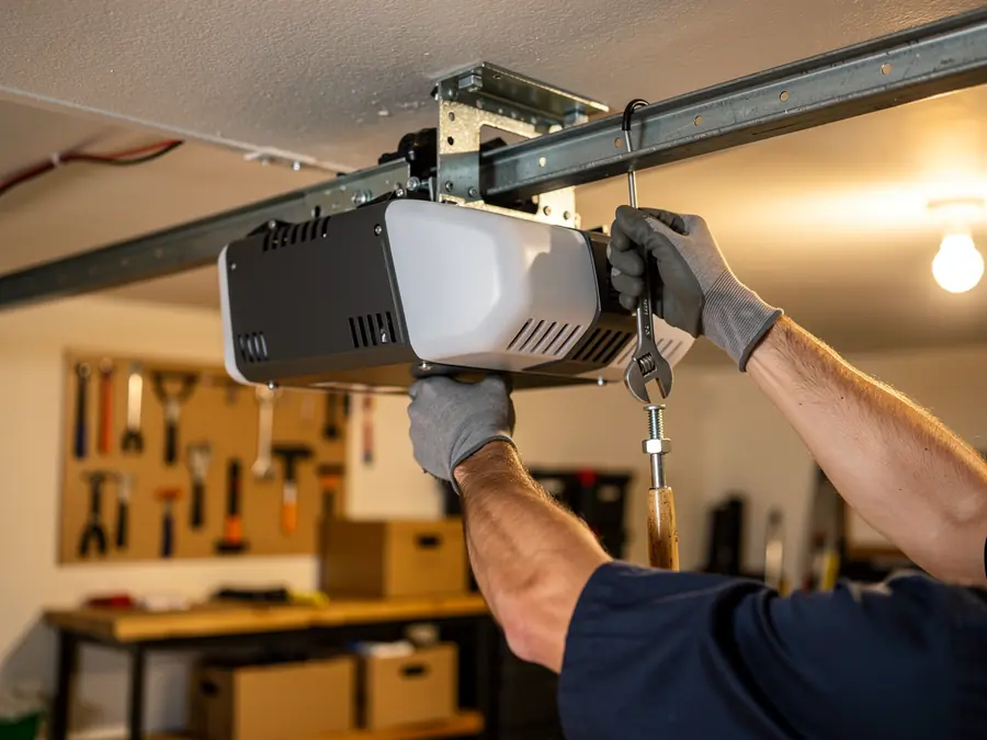 A technician in gloves installs a garage door opener with a wrench.