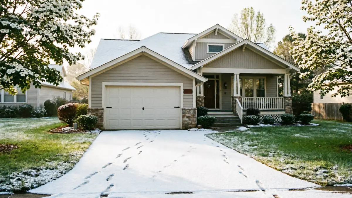 A house with a white garage door, snow on the roof, and footprints in the driveway.