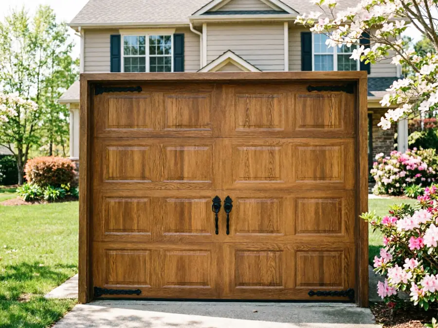 A brown wooden garage door with black handles and hinges is in front of a house.